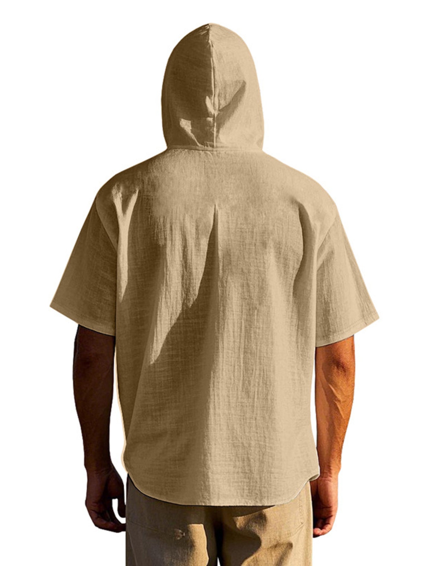 Men's tan cotton hooded shirt with short sleeves and a pocket detail.