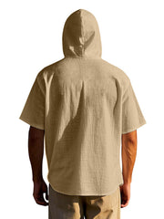 Men's tan cotton hooded shirt with short sleeves and a pocket detail.