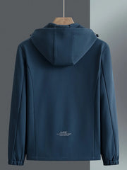 Men's Peacock Blue hooded windbreaker jacket with subtle logo detail on back.