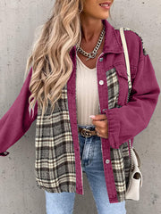 Burgundy denim jacket with plaid panels, button front, and collar.