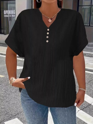 Black textured V-neck t-shirt with decorative buttons and short sleeves.