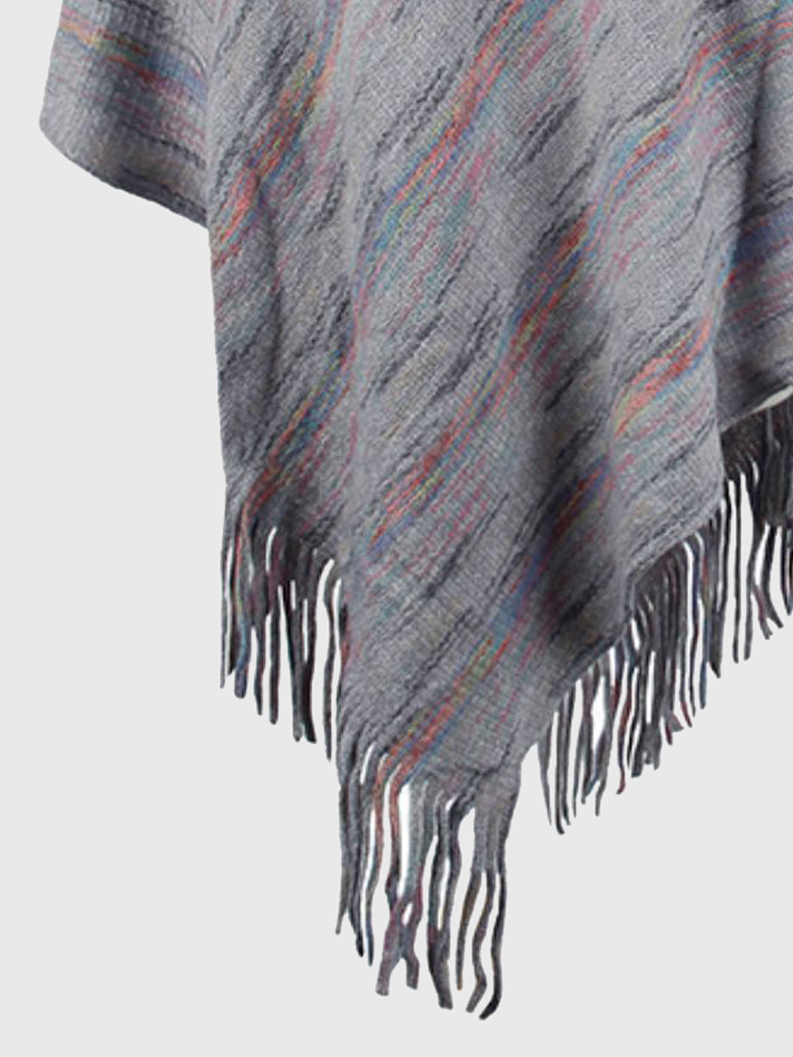 Charcoal mélange cape with colorful stripes and fringe detail