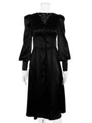 Elegant V-neck Puff Sleeve Button-down Midi Dress in White, view 18