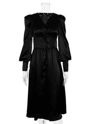 Elegant V-neck Puff Sleeve Button-down Midi Dress in White, view 18