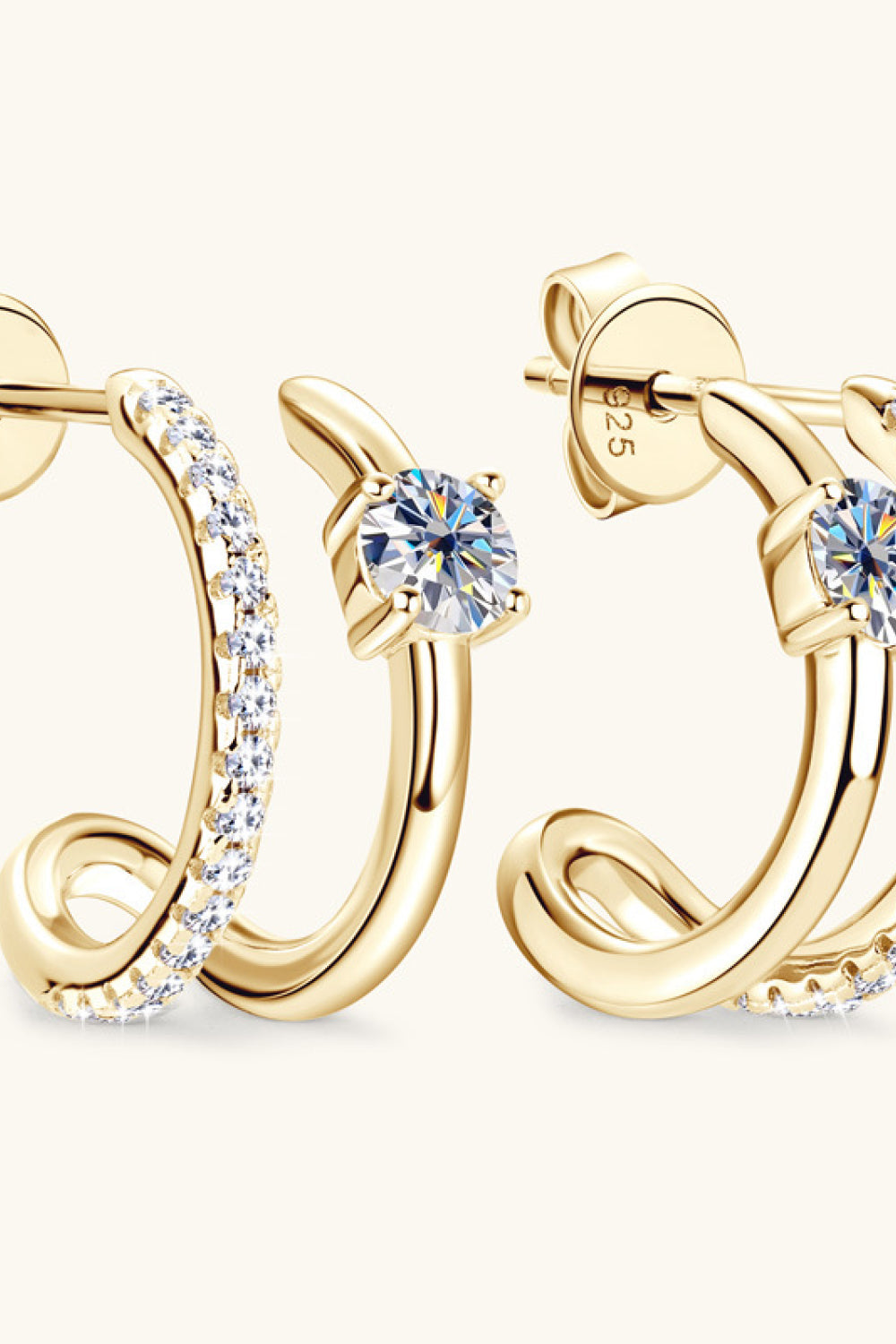 Gold double-band hoop earrings with pavé and solitaire stones