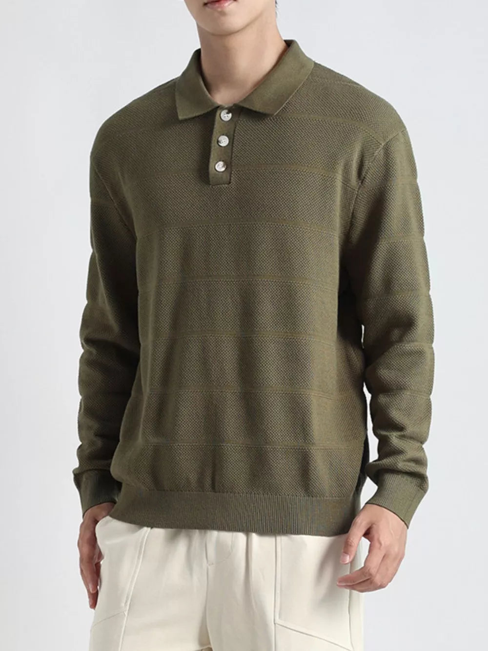 Men's Army Green knit polo shirt with button accents and subtle horizontal stripe texture.