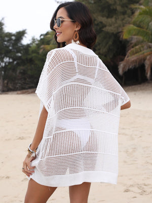 White open-knit polo beach dress with short sleeves and a collar, styled over a bikini.