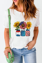 White t-shirt with patriotic sunflower graphic in mason jars.