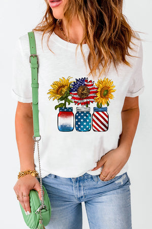 White t-shirt with patriotic sunflower graphic in mason jars.