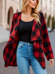 Red and black plaid drape front jacket with open waterfall neckline.