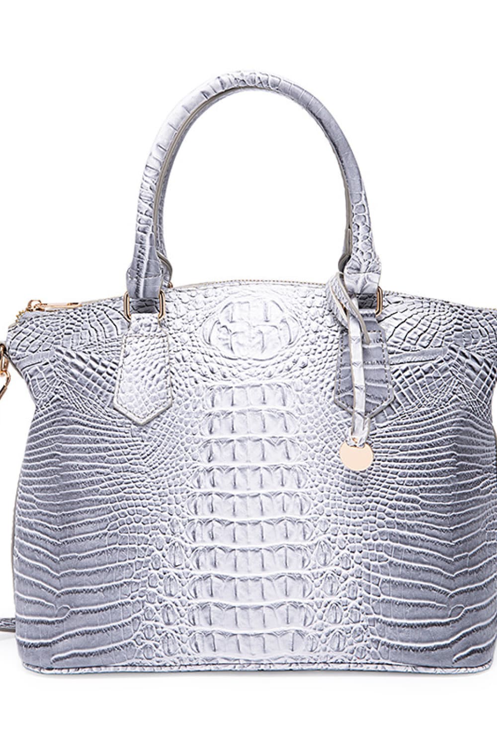 Light Gray crocodile embossed satchel bag with top handle and gold charm.