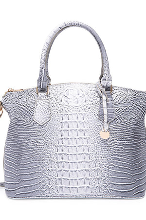 Light Gray crocodile embossed satchel bag with top handle and gold charm.