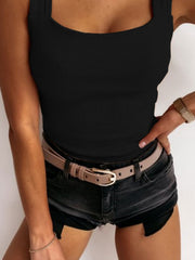 Black ribbed square neckline tank top with a fitted cut.