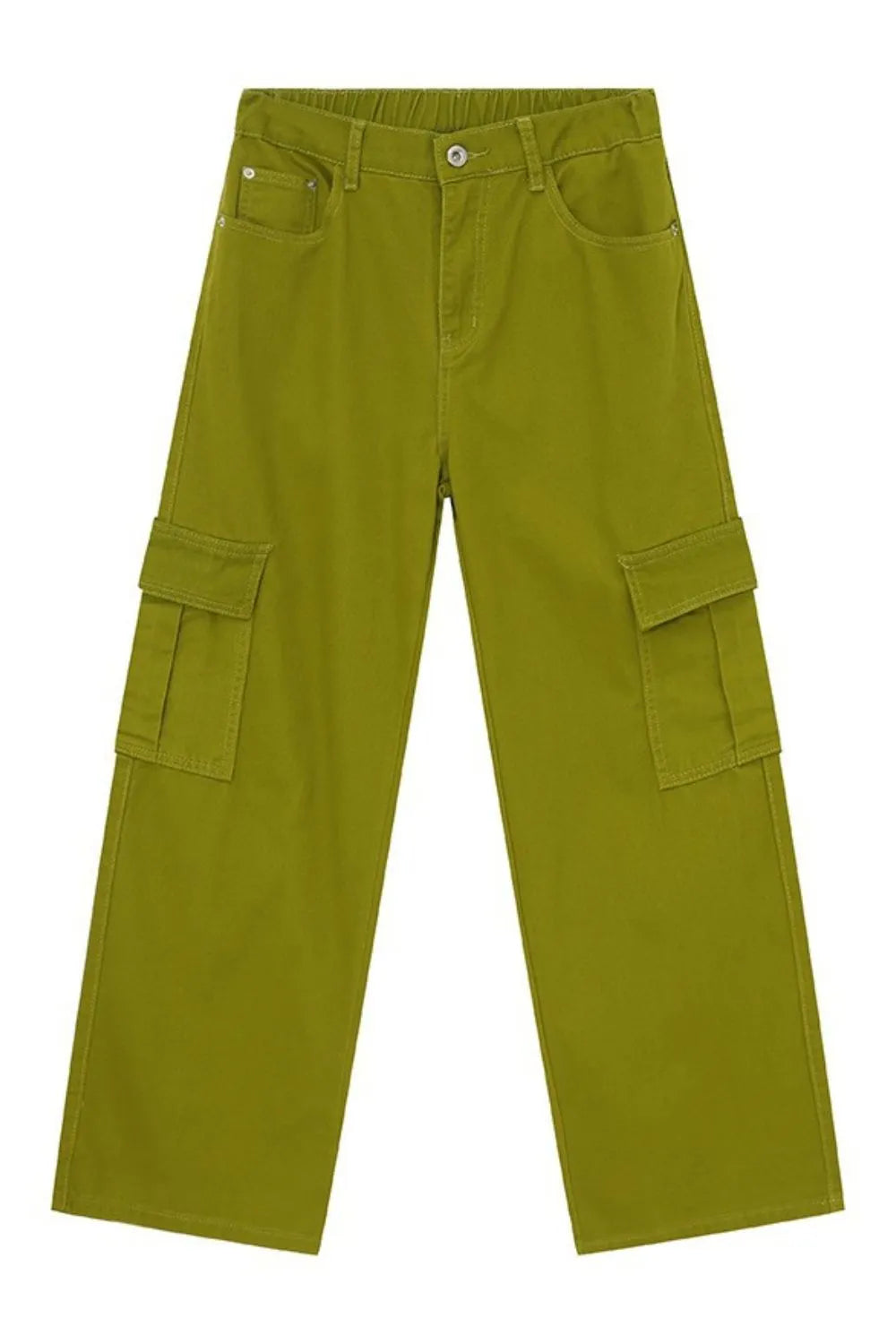 Lime green cargo pants with multiple pockets and a relaxed fit.