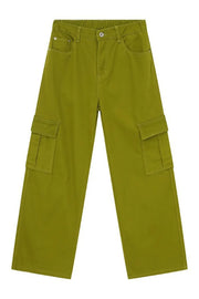 Lime green cargo pants with multiple pockets and a relaxed fit.