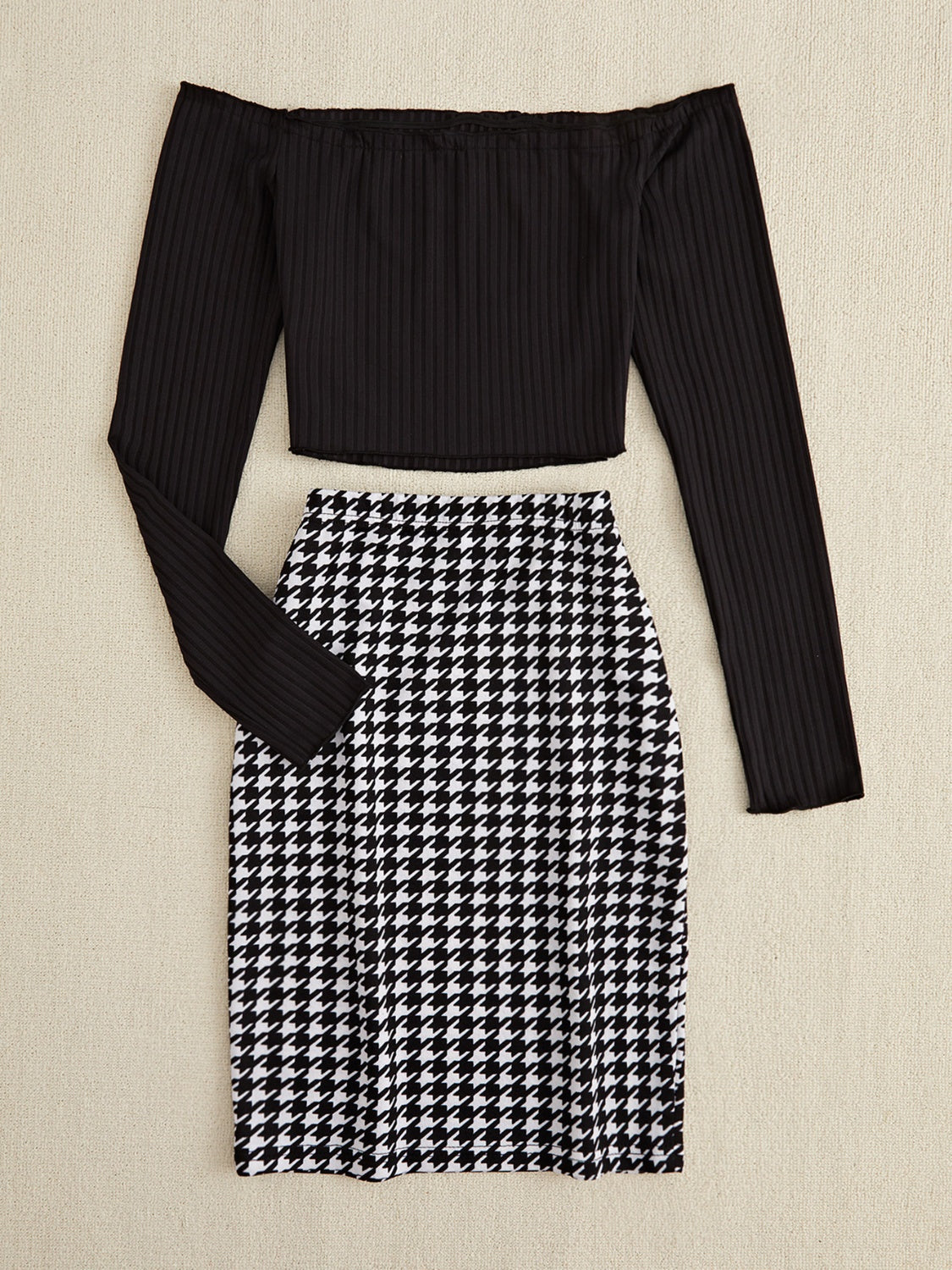 Black off-shoulder ribbed crop top with houndstooth pencil skirt