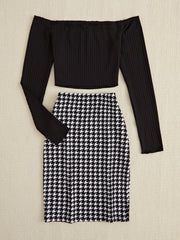 Black off-shoulder ribbed crop top with houndstooth pencil skirt