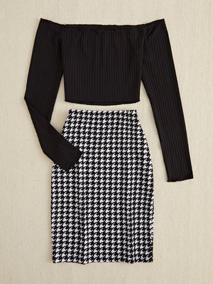 Black off-shoulder ribbed crop top with houndstooth pencil skirt