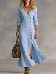 Light blue V-neck buttoned maxi dress with side slit and long sleeves