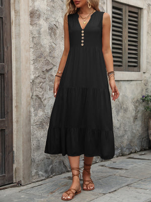 Black tiered midi sundress with V-neck and button detail