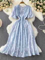 Light blue embroidered puff sleeve A-line midi dress with button front