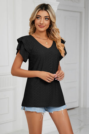 Black eyelet knit v-neck blouse with flutter sleeves and a textured pattern.