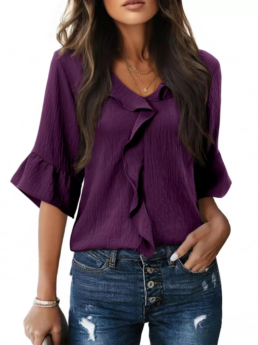 Purple maternity shirt with V-neck, cascading ruffles, and 3/4 bell sleeves.