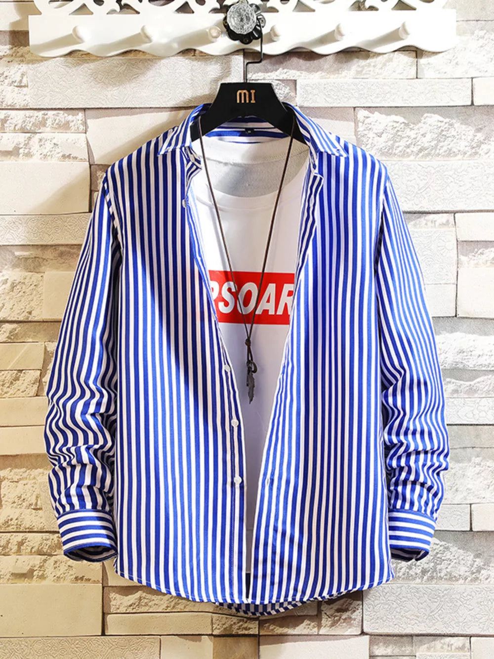 Men's Plus Size Striped Button Up Casual Shirt, side view