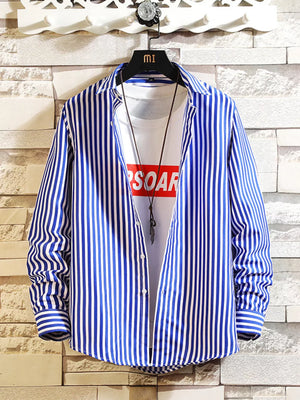 Men's Plus Size Striped Button Up Casual Shirt, side view
