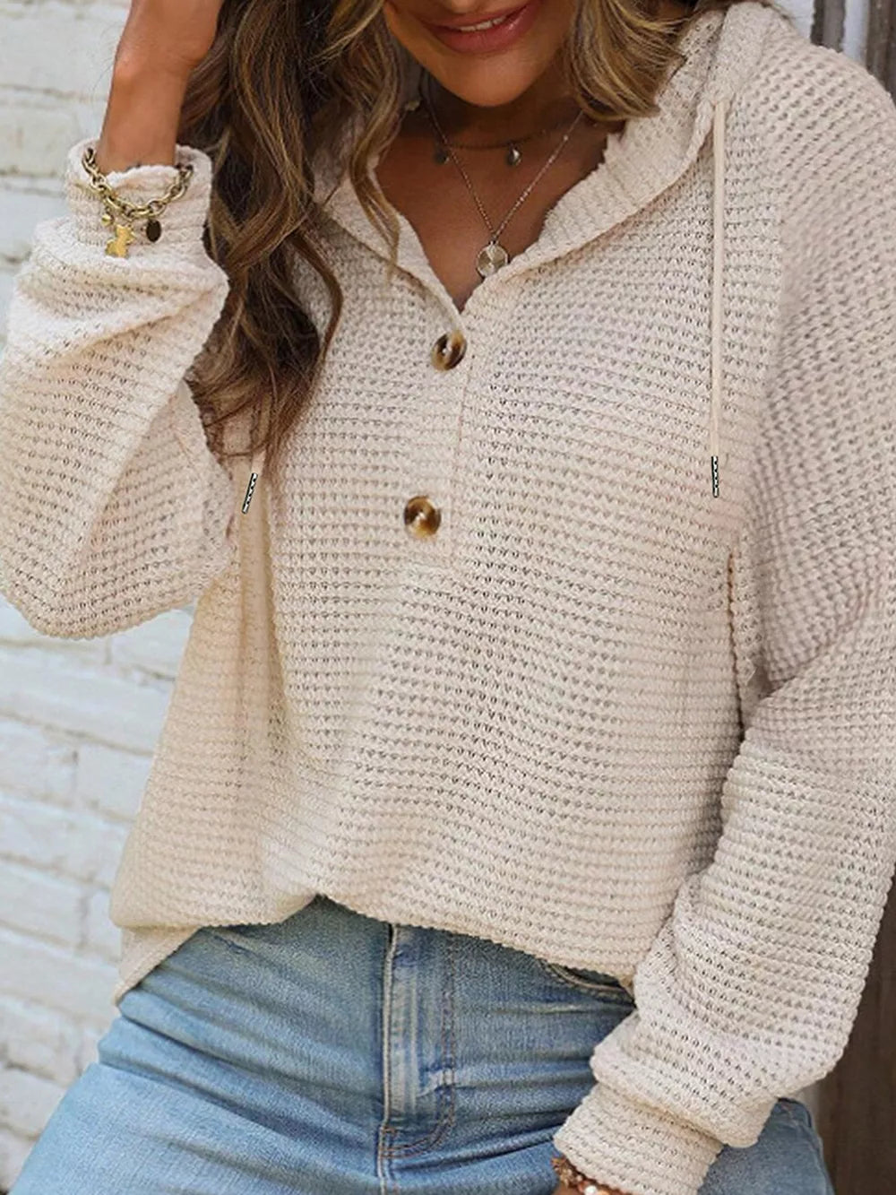 Waffle Knit Hooded Top With Drawstring in Beige, model styling view