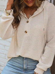 Waffle Knit Hooded Top With Drawstring in Beige, model styling view
