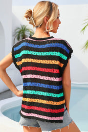 Rainbow stripe crochet sleeveless top with a crew neck and open knit detail.