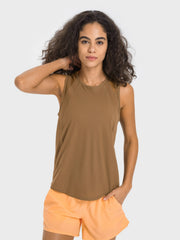 Camel mesh-back performance tank top with a round neckline and raglan seams.