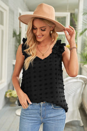 Black textured ruffle-sleeve V-neck tank top with dobby dots