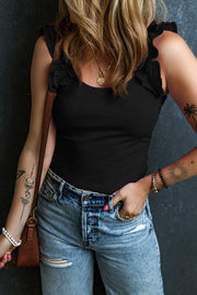 Black ribbed tank top with ruffled straps