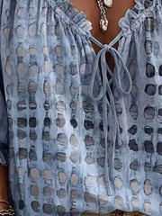 Full Size Tie Neck 3/4 Sleeve Blouse Plus Size in Sherbet, fabric detail