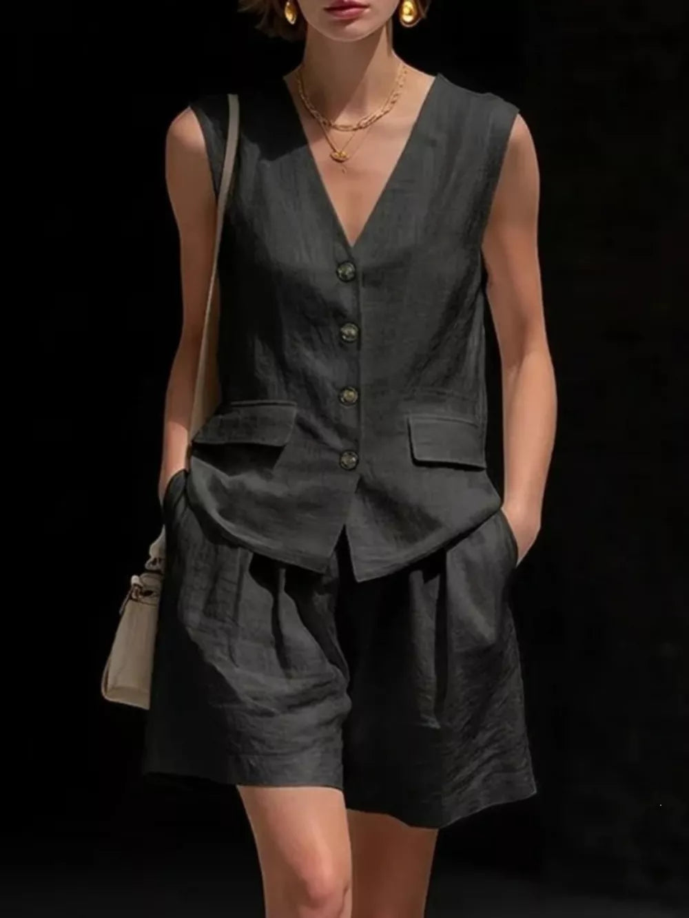 Full Size Sleeveless Vest And Shorts Set Plus Size, close-up detail