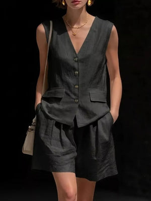 Full Size Sleeveless Vest And Shorts Set Plus Size, close-up detail