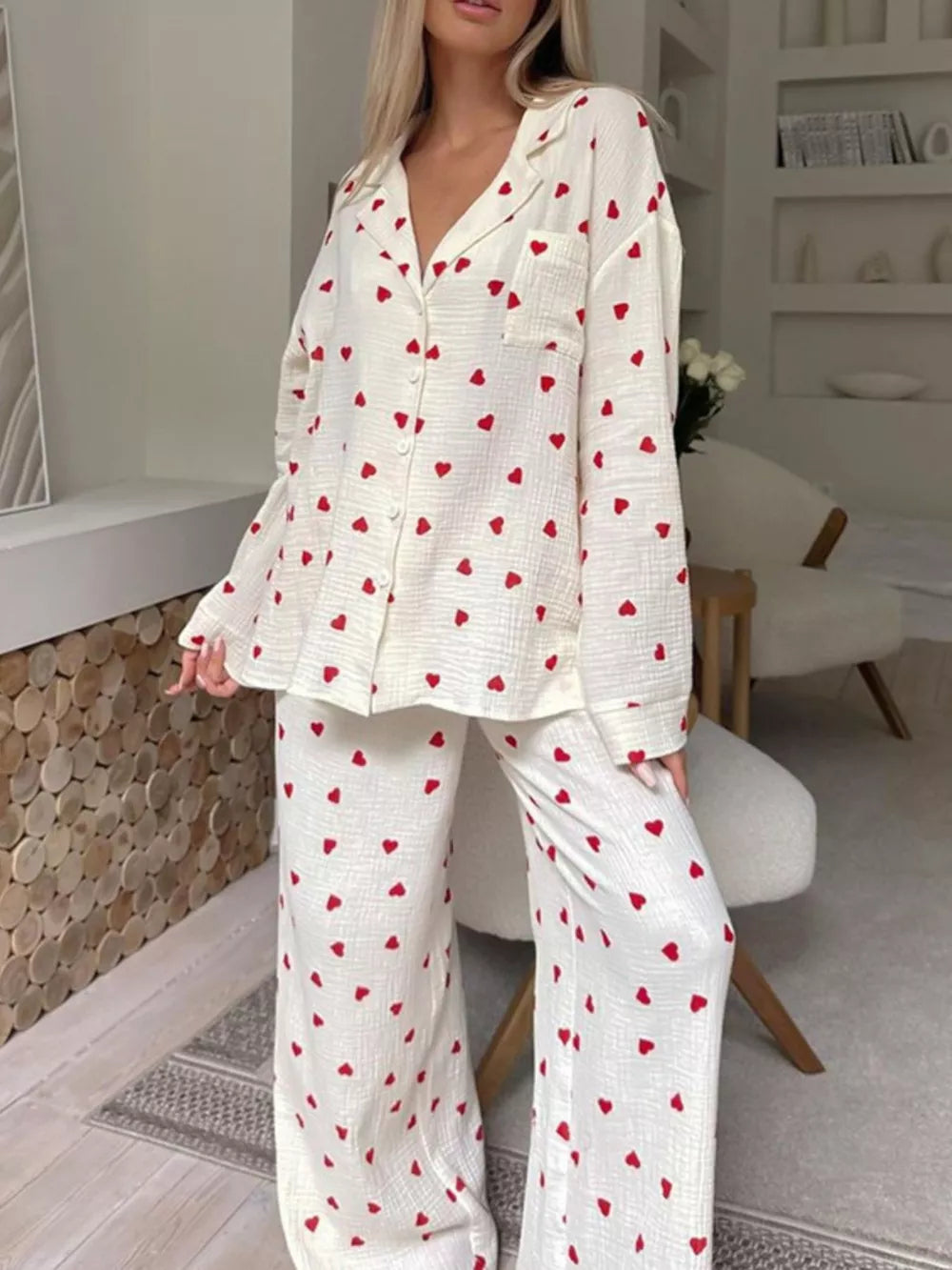 Heart Print Long Sleeve Top And Pants Lounge Set in Apricot, side view