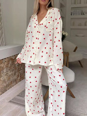 Heart Print Long Sleeve Top And Pants Lounge Set in Apricot, side view