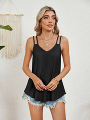 Black eyelet overlay V-neck tank top with double spaghetti straps and a flared hem.
