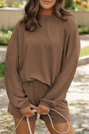 Brown ribbed knit matching set with crew neck long sleeve top and shorts
