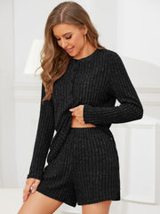 Dark Gray ribbed Henley lounge set with buttoned neckline and shorts.
