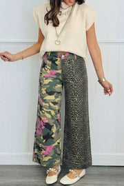 Contrast patchwork jeans with camo and leopard print, wide leg, cotton.