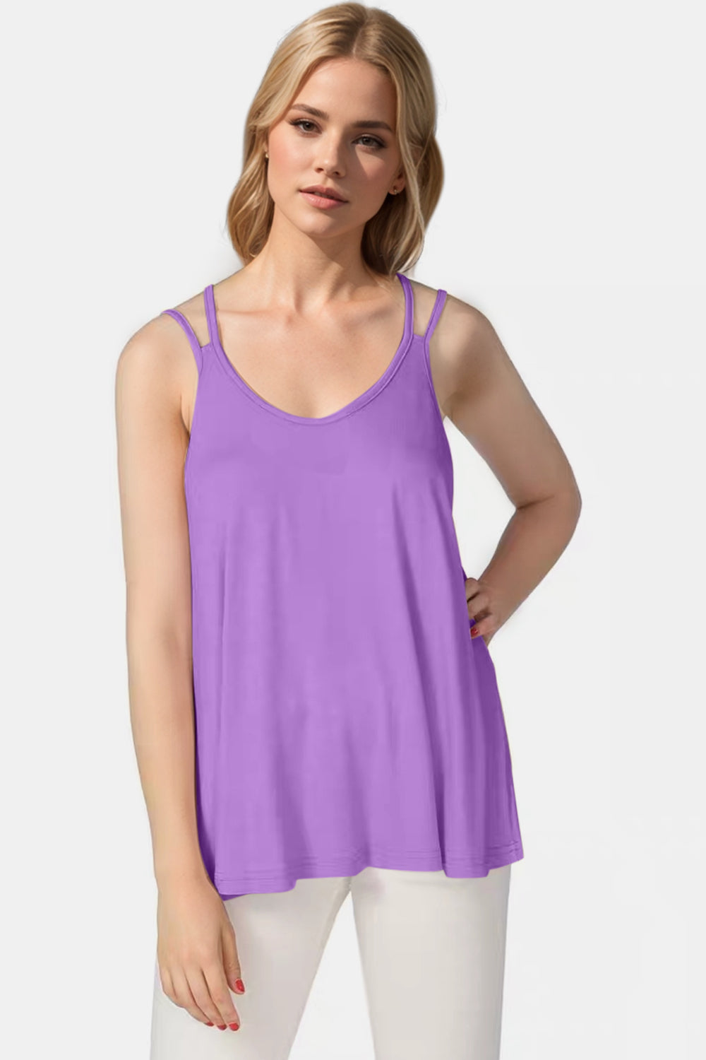 Purple double strap trapeze cami with a V-neck and a flowy fit.