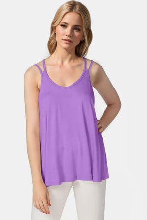 Purple double strap trapeze cami with a V-neck and a flowy fit.