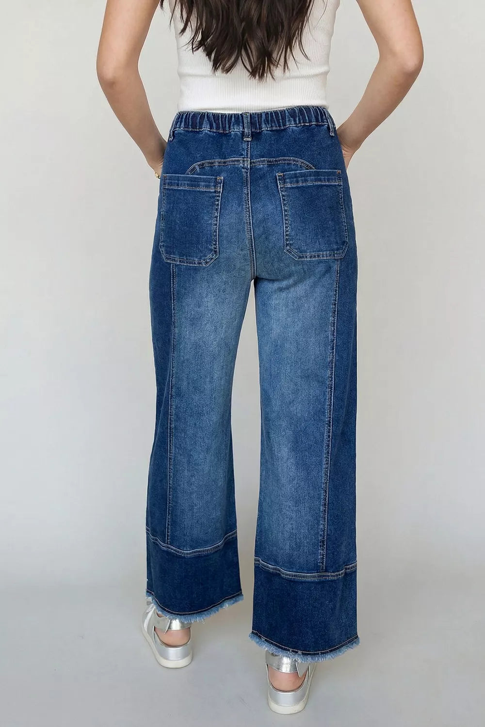 Drawstring Raw Hem Wide Leg Denim Pants, side view