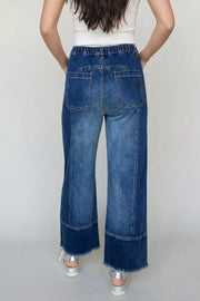Drawstring Raw Hem Wide Leg Denim Pants, side view