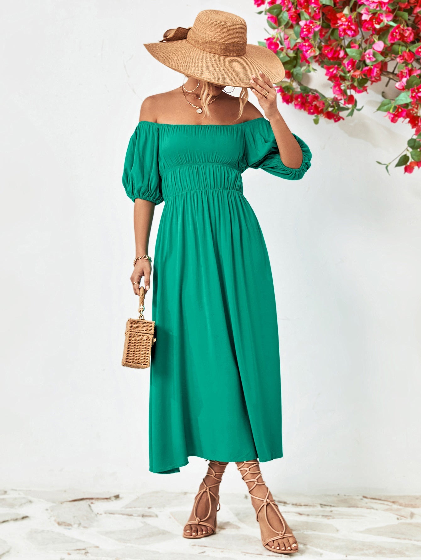 Turquoise off-shoulder midi dress with gathered bodice and balloon sleeves