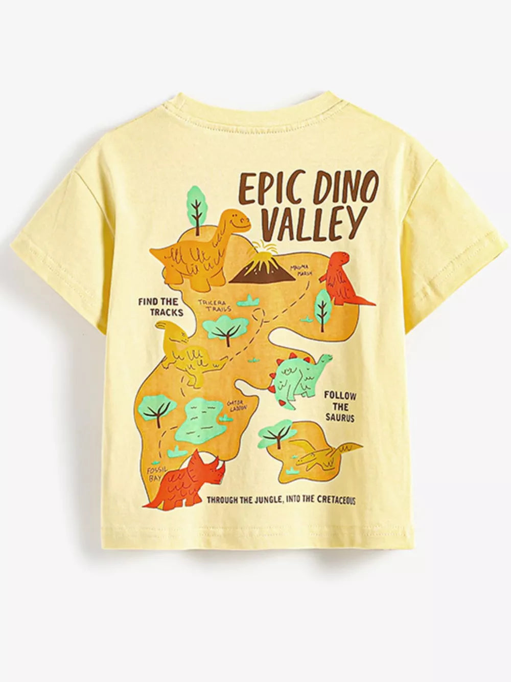 Yellow cotton t-shirt with a dinosaur valley map graphic and text.